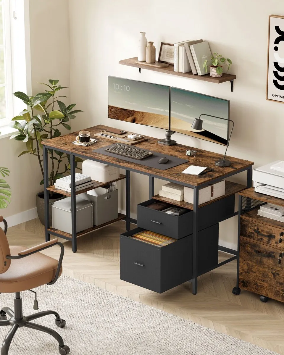 Songmics Computertafel Vintage Bruin-Zwart - 3 Planken 2 Lades