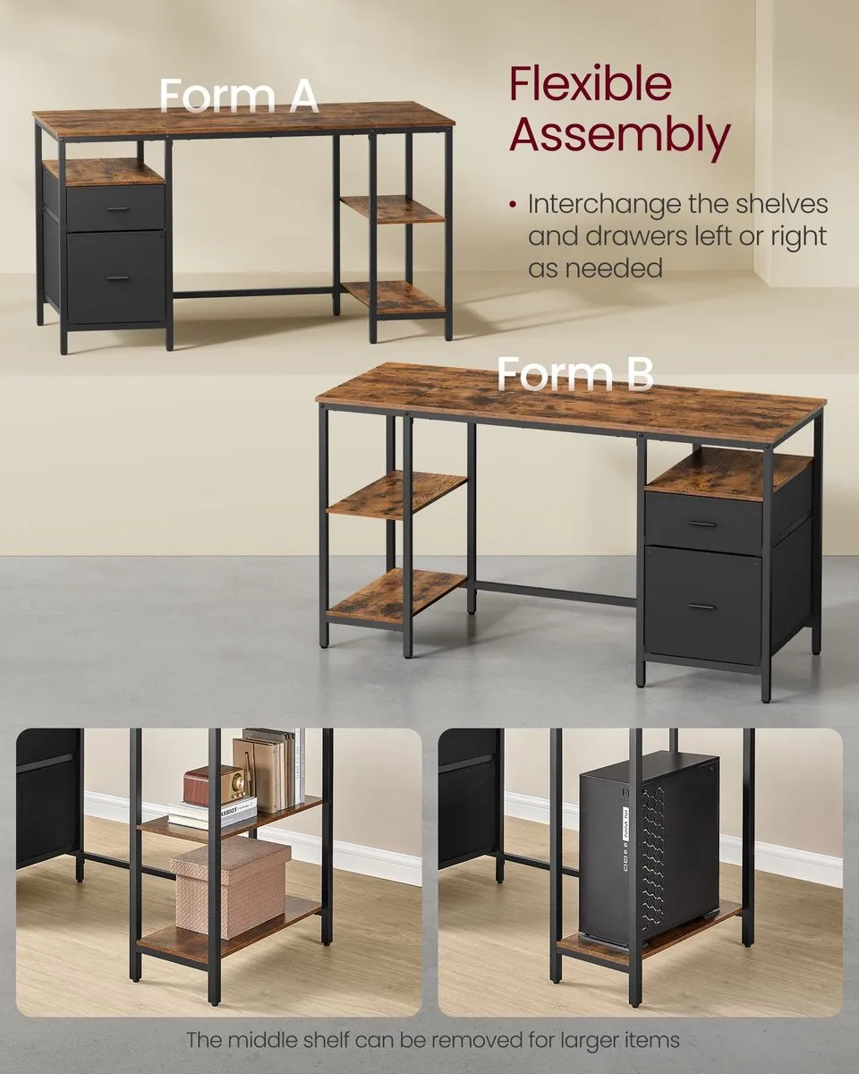 Songmics Computertafel Vintage Bruin-Zwart - 3 Planken 2 Lades