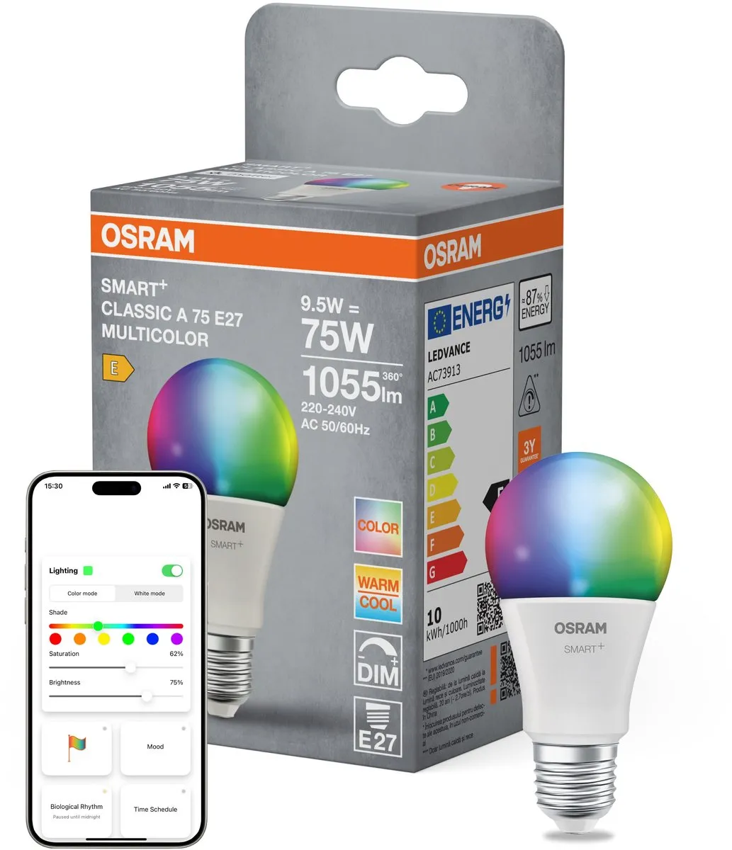 Osram SMART+ LED-lamp A75 E27 RGBW - 9,5W - Mat - 16M kleuren - afbeelding 3 van 6