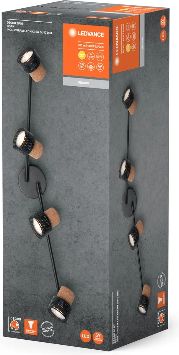 LEDVANCE Decor Spot Cork GU10 - 4x3,4W 920lm Zwart