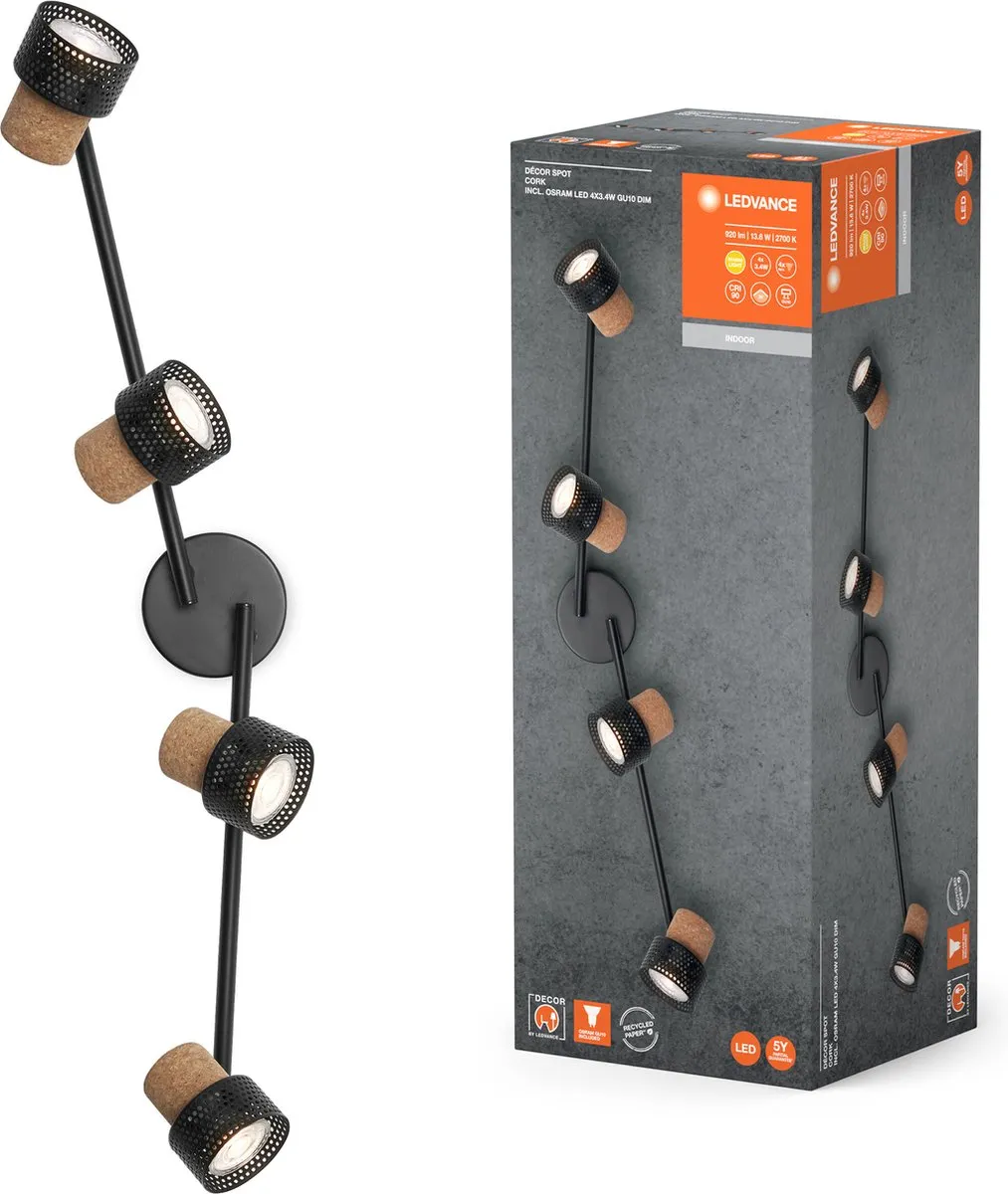 LEDVANCE Decor Spot Cork GU10 - 4x3,4W 920lm Zwart