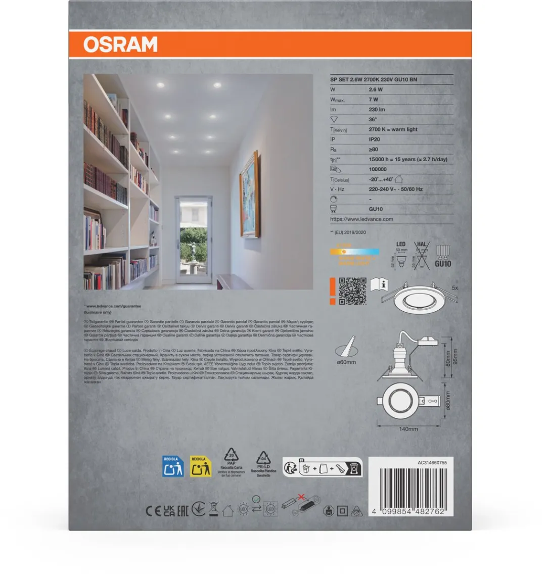 Osram Spotlight Inbouwset 5x2.6W GU10 - 80cm Geborsteld nikkel