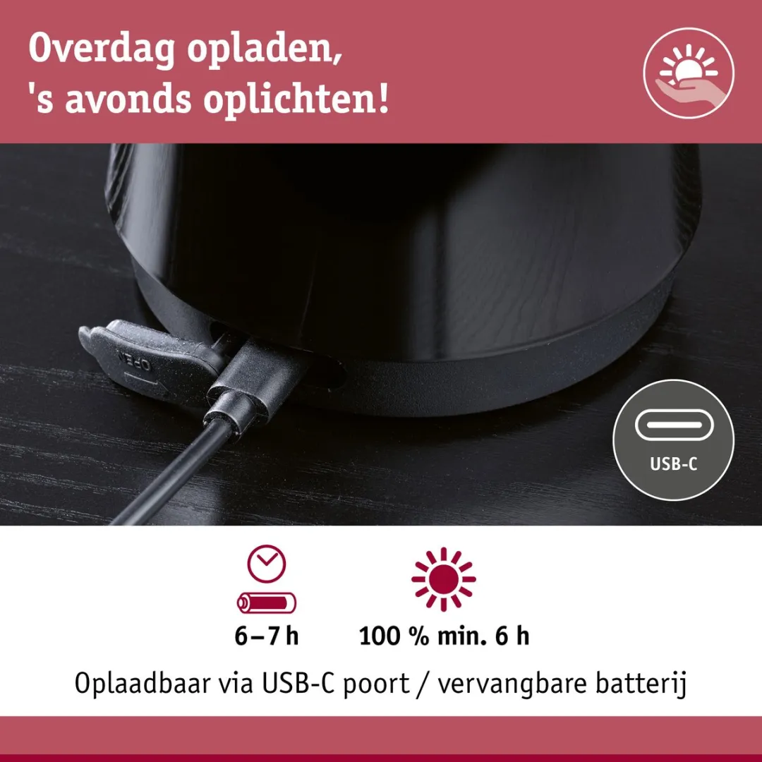 Paulmann Acculamp Onzo IP44 - 2700K - Ø16cm - Zwart - afbeelding 6 van 6