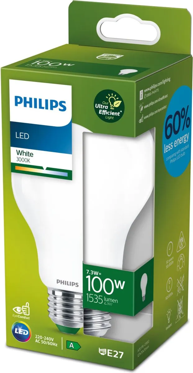 Philips Ultra Efficient LED Mat E27 7.3W - 100W Equivalent - Wit