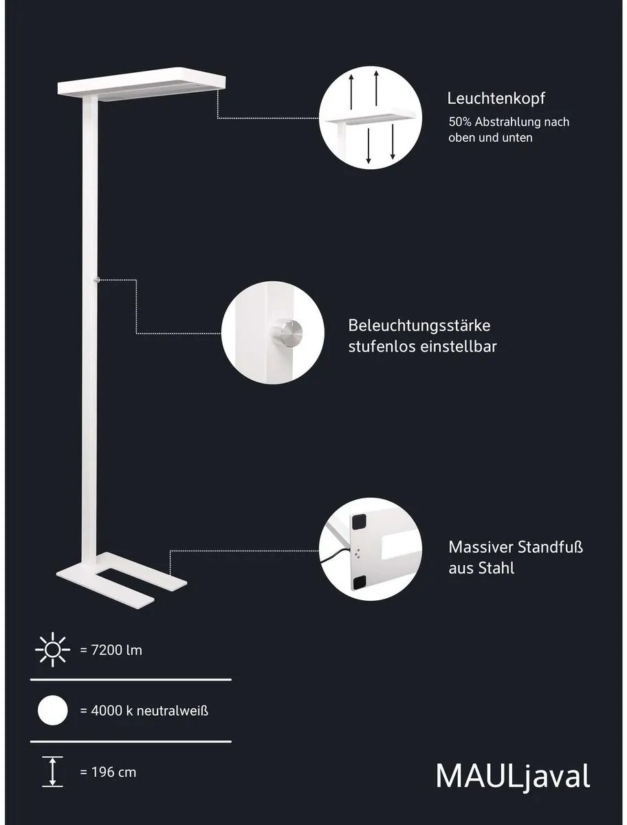 MAULjaval LED Vloerlamp - dimmbaar - standvoet - wit - 1 stuk - 61 x 28 x 196 cm - MAUL