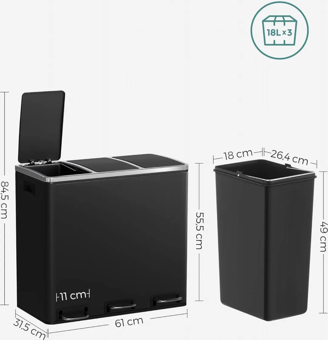 Songmics LTB54BK Keukenafvalemmer 3x18L - Pedaal - Zwart