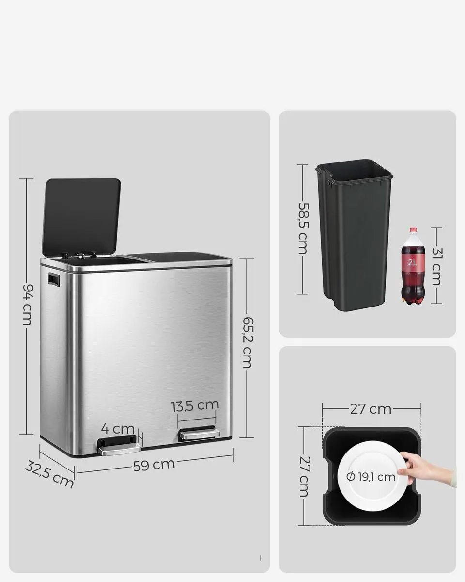 Songmics Prullenbak 2 Compartimenten 60L - Zwart