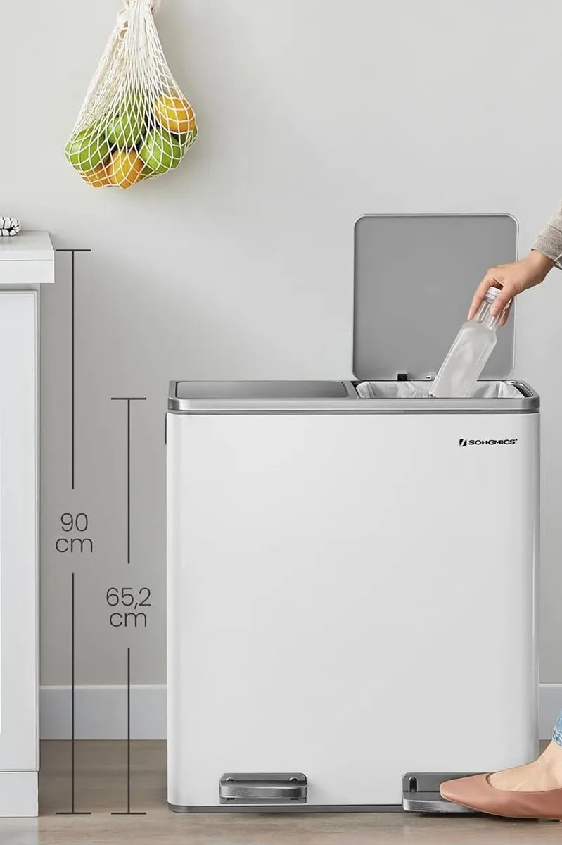 Songmics Prullenbak 60L - 2 Vakken - Pedaal - Wit - afbeelding 3 van 6