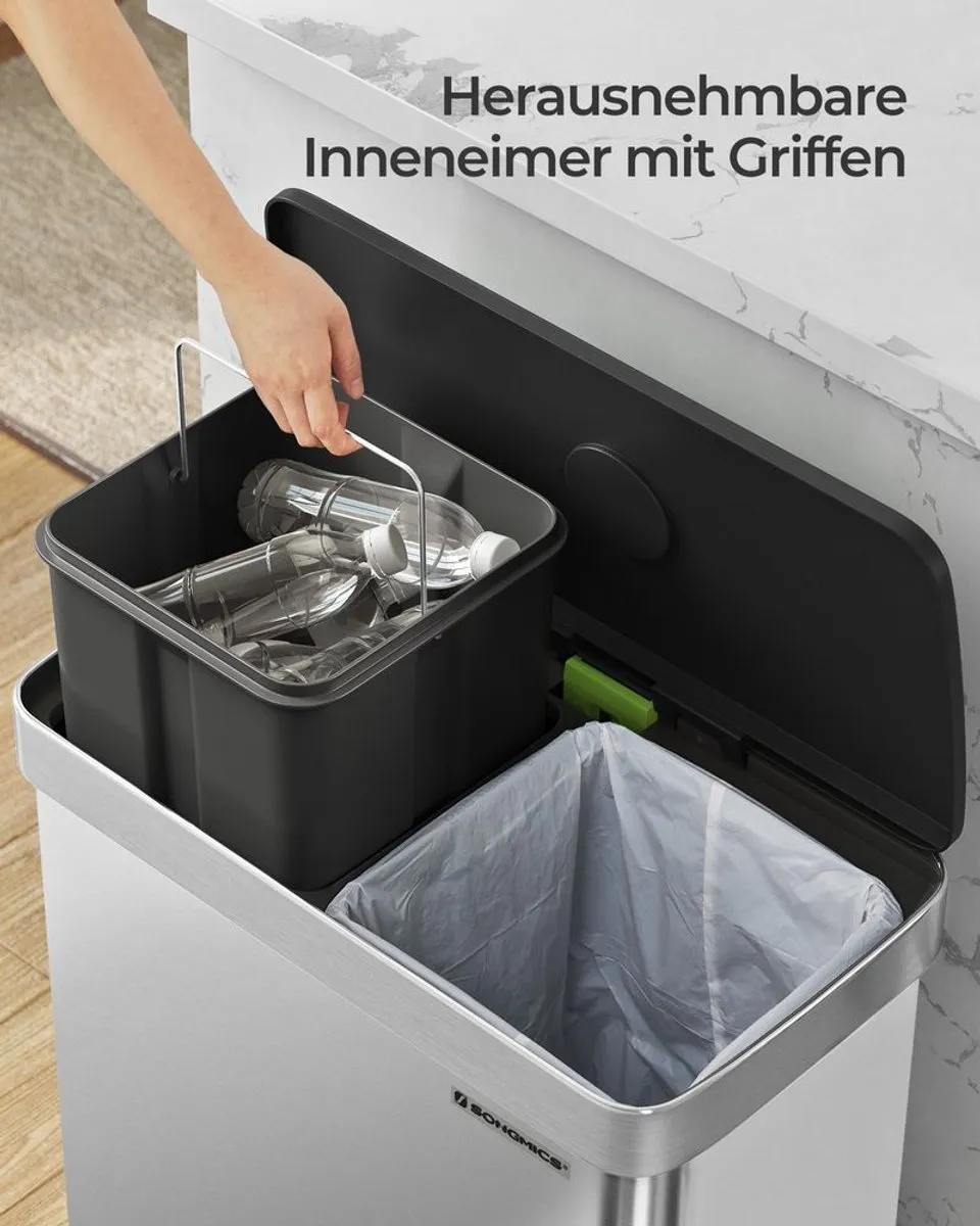 Songmics Keukenprullenbak 2x30L - Softclose deksel - Zilver