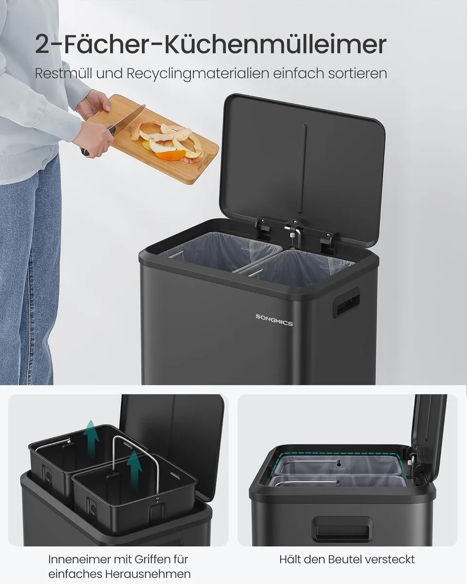 Songmics Vuilnisemmer 2x15L Afvalscheiding - Inktzwart