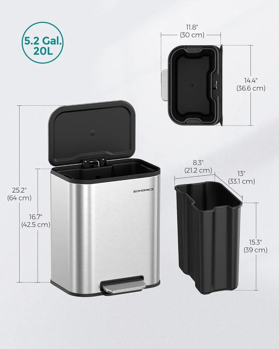 Songmics Vuilnisbak 20L - Metallic Zilver