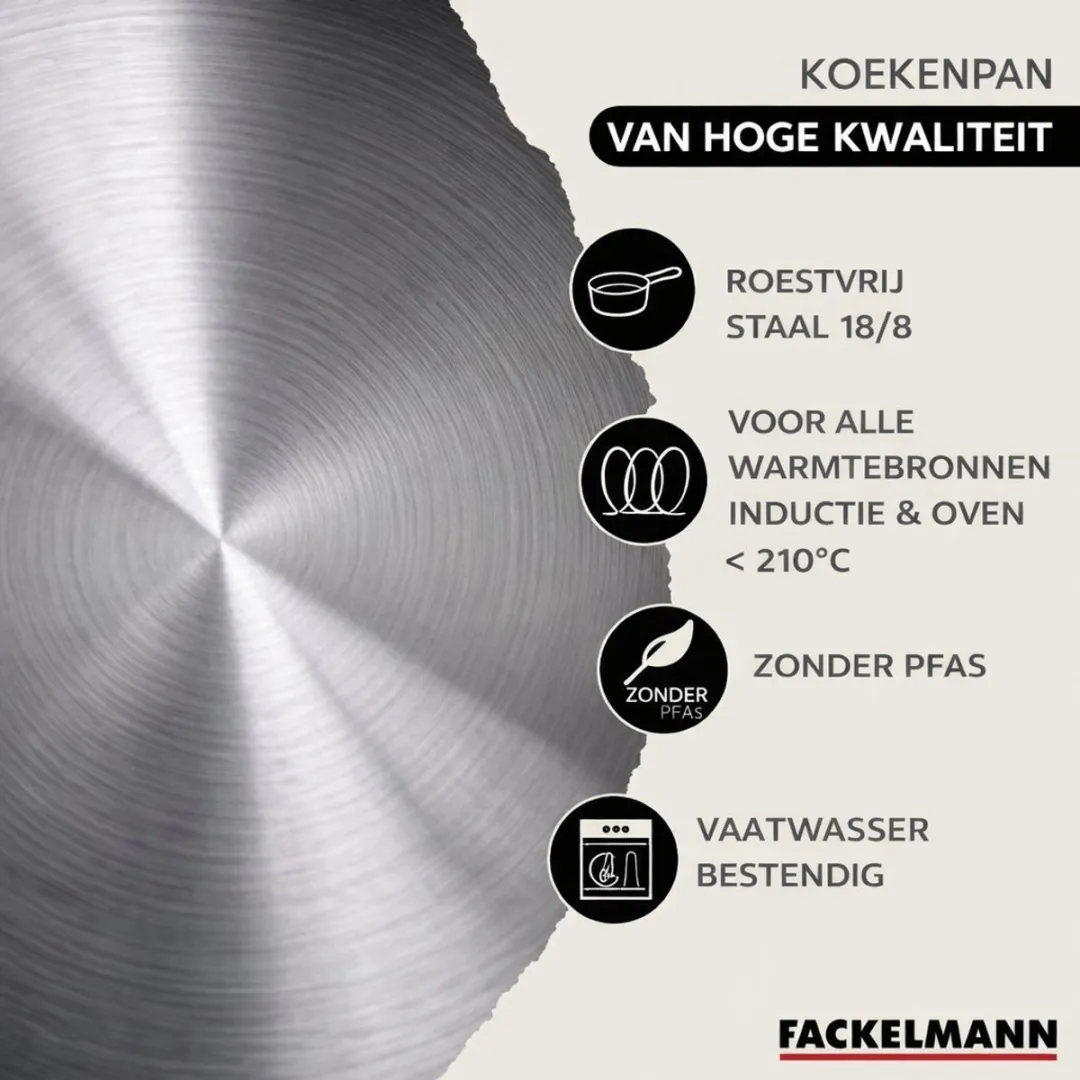 Fackelmann 9218150 Roestvrijstalen Koekenpan & Kookpanset 16/20/24cm - 5 Stuks