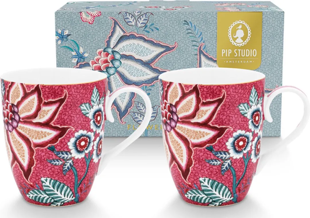 Pip Studio Flower Festival Bordeaux Set 2 Mokken 350ml - Donkerroze