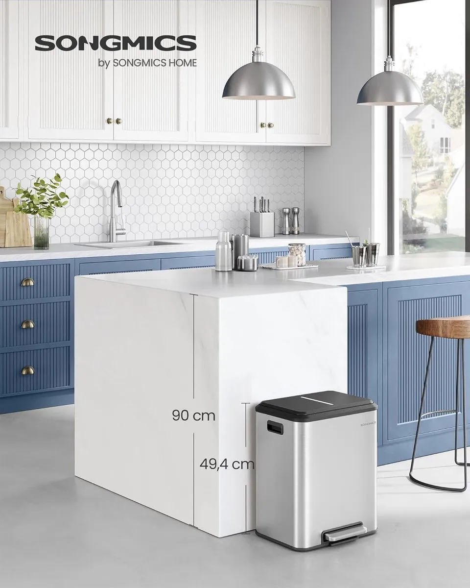 Songmics Keukenafvalbak Pedaal 2x15L - 2 Compartimenten - Metallic Zilver