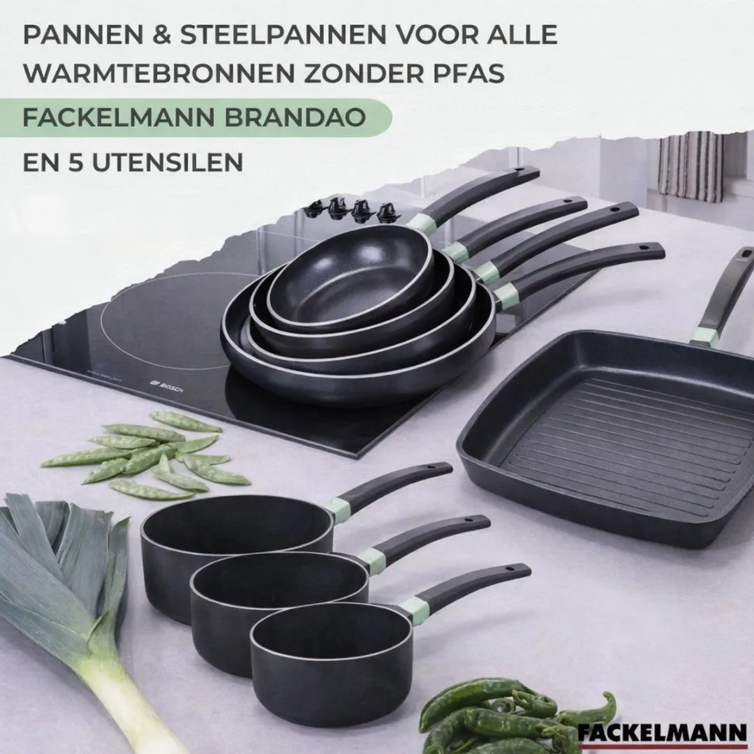 Fackelmann Brandao Set RVS Pannen & Kookpotten 24/28cm + 16/18/20cm - 5 Stuks Keukengerei - Zwart/Groen