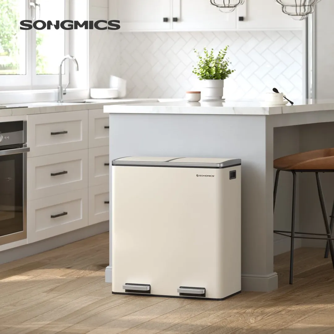 Songmics Dubbele Pedaalemmer 60L - 2x30L Beige