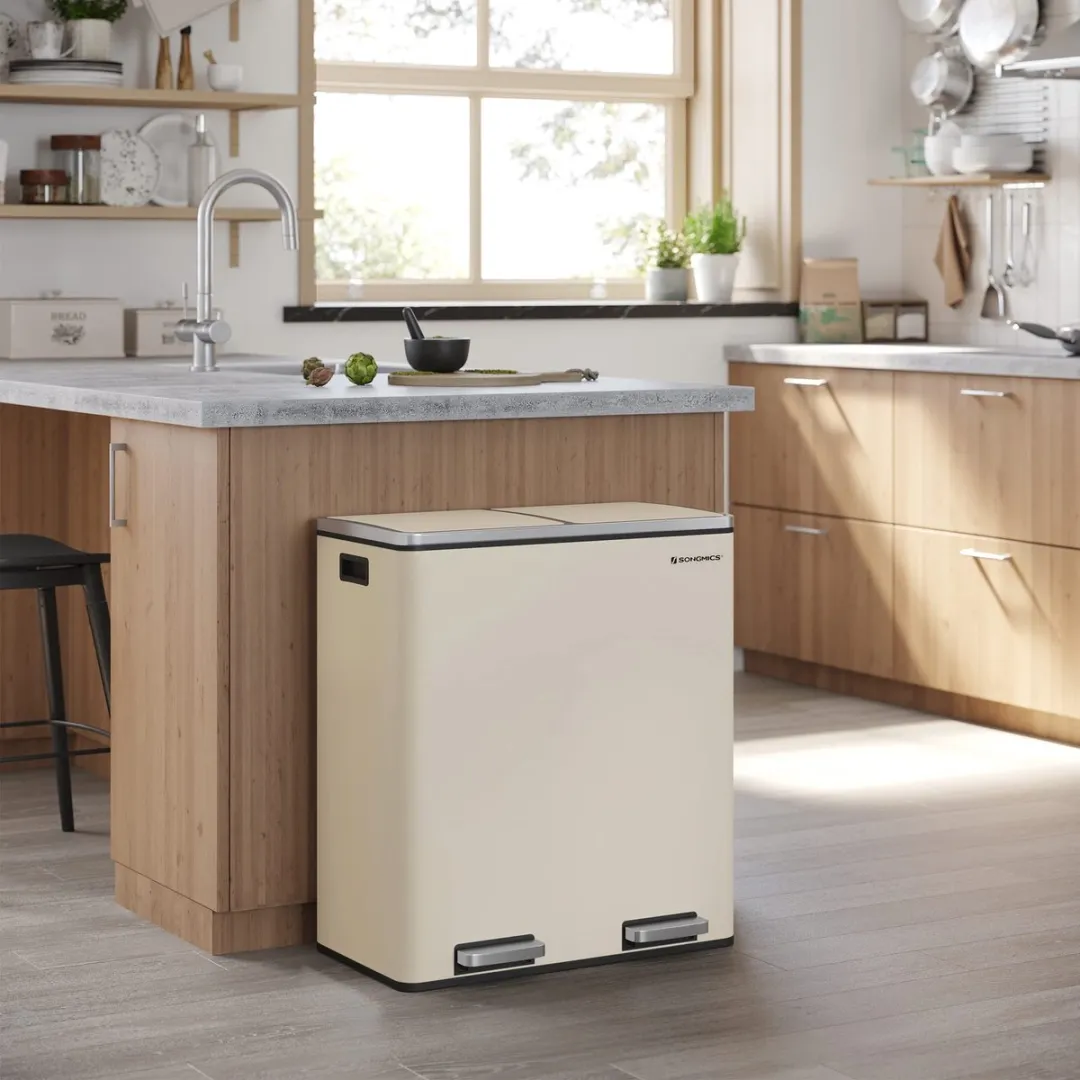 Songmics Dubbele Pedaalemmer 60L - 2x30L Beige