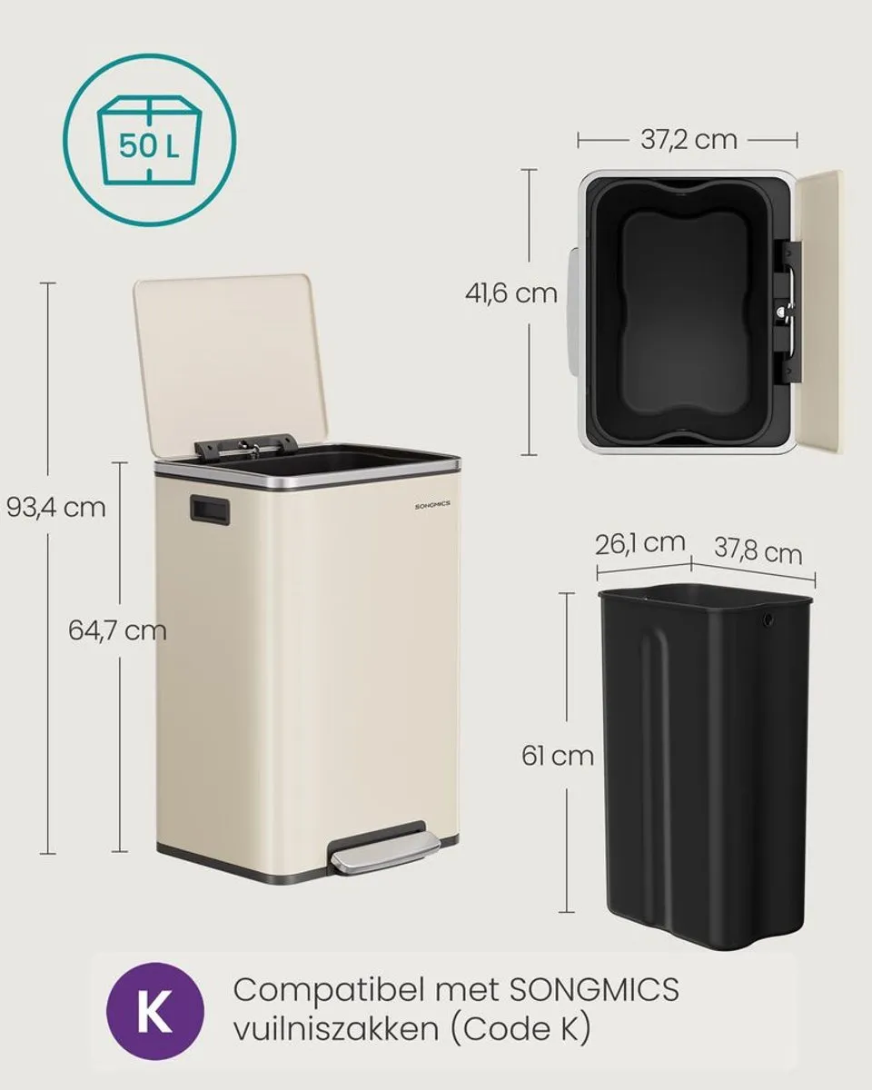 Songmics Pedaalemmer 50L - Crème