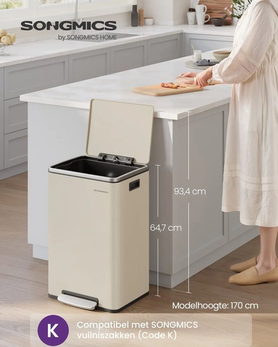 Songmics Pedaalemmer 50L - Crème