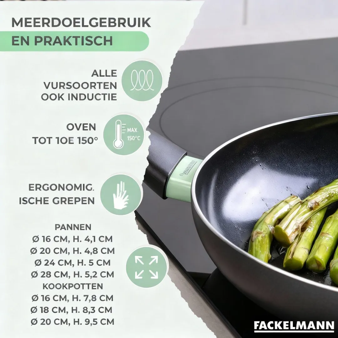 Fackelmann Brandao Set RVS Pannen 16/20/24/28cm & Kookpannen 16/18/20cm - 7-delig - Zwart/Groen