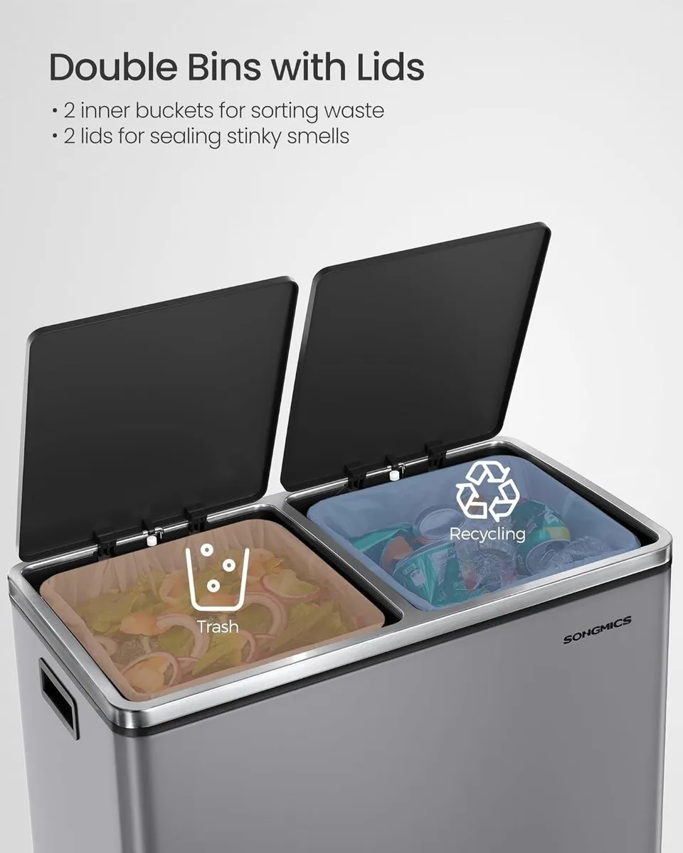 Songmics Dubbele Pedaalemmer 60L - 2x30L Grijs
