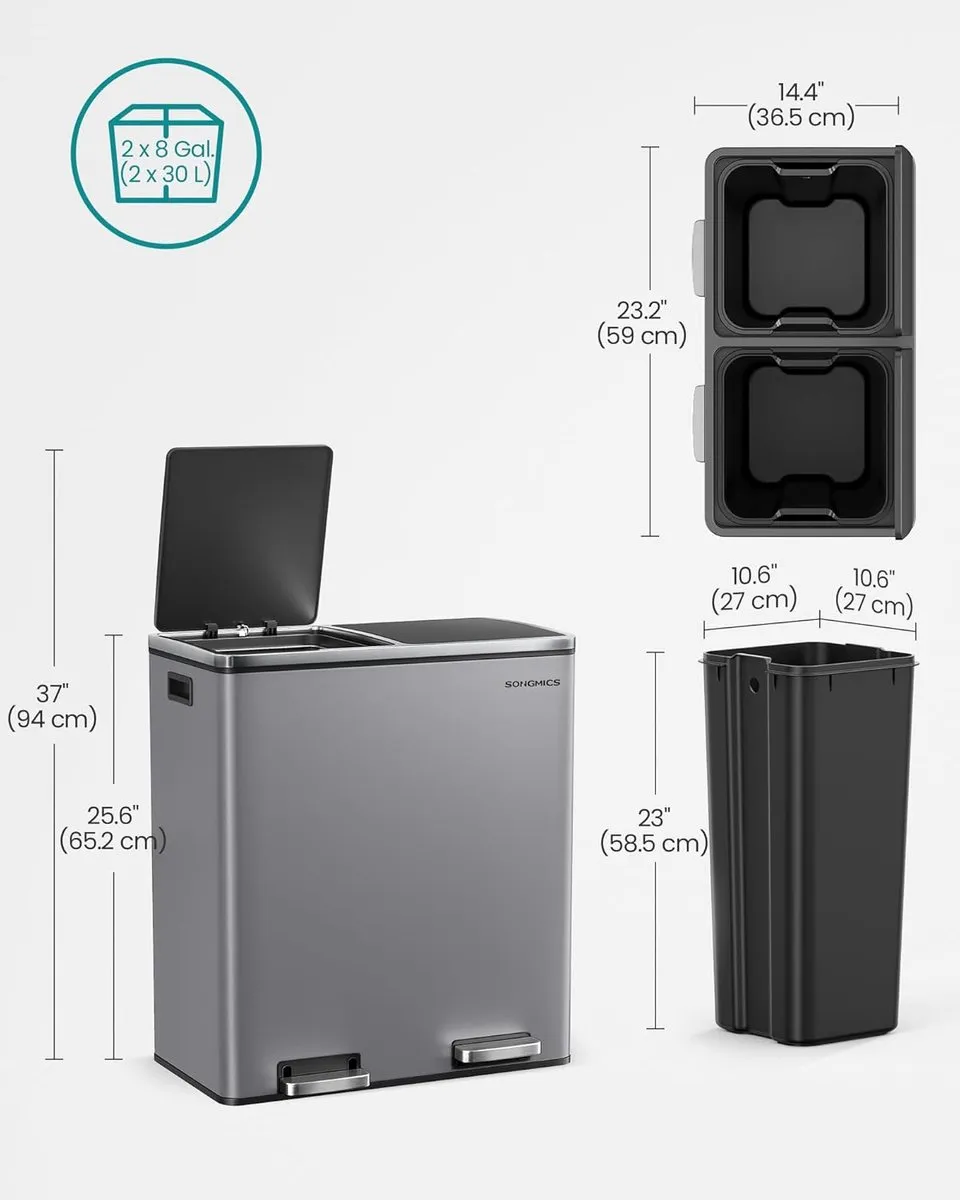 Songmics Dubbele Pedaalemmer 60L - 2x30L Grijs