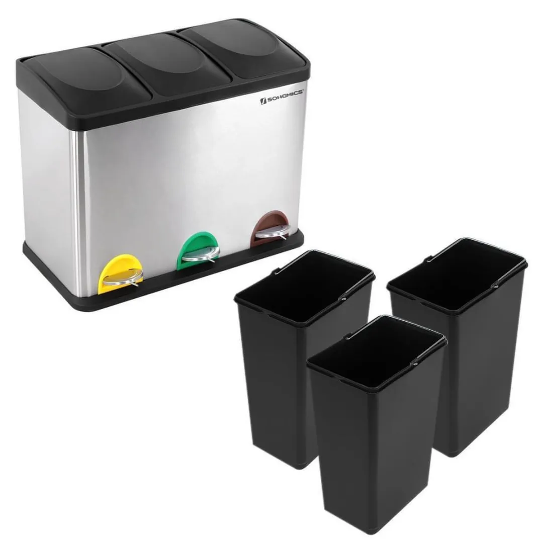 Nancy's Driedubbele Afvalbak RVS - Pedaalemmer - 3x 15L - Afvalscheidingprullenbakken