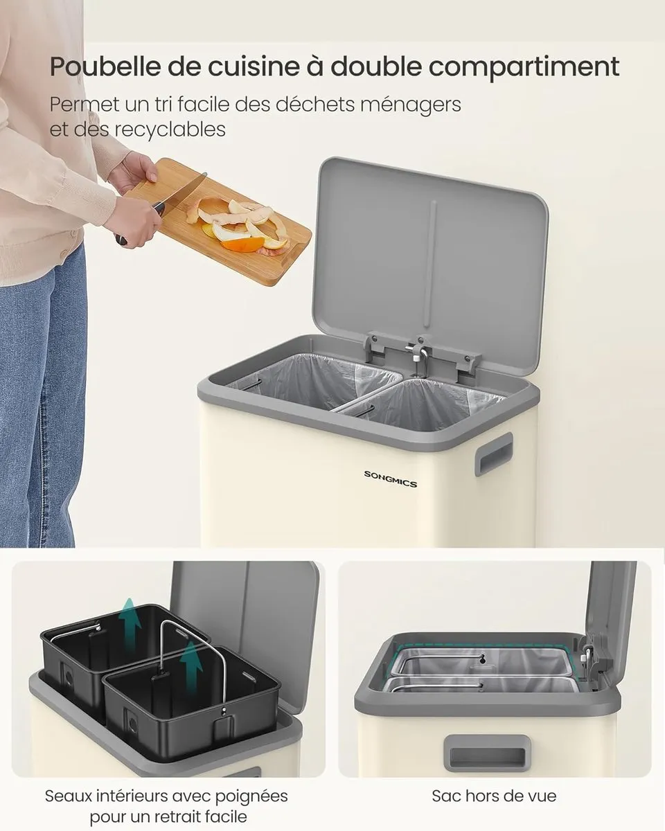 Songmics Vuilnisemmer 2x15L Keuken Afvalscheiding - Zandbeige