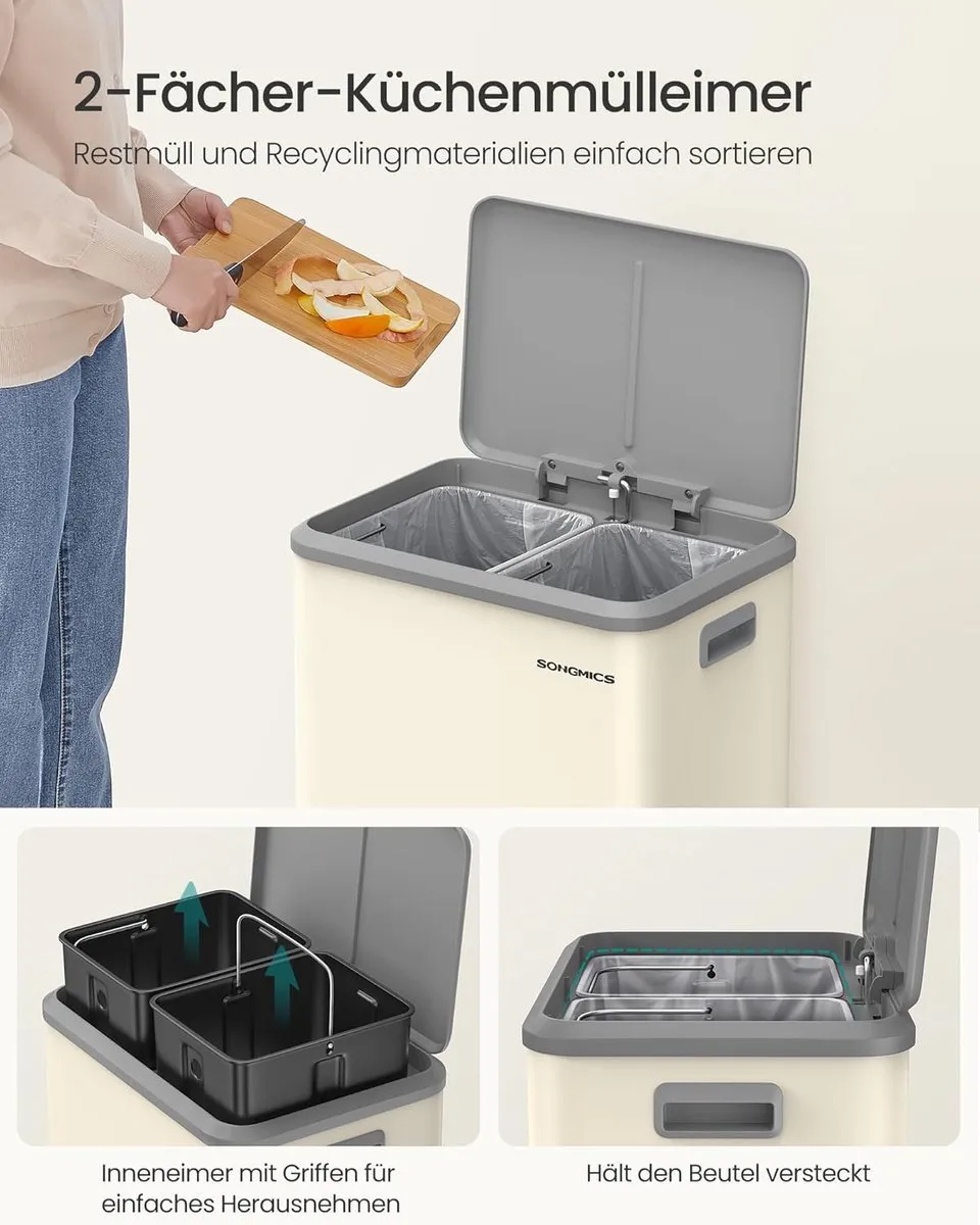 Songmics Vuilnisemmer 2x15L Keuken Afvalscheiding - Zandbeige