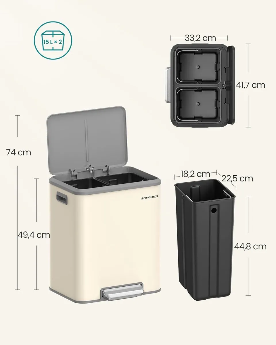 Songmics Vuilnisemmer 2x15L Keuken Afvalscheiding - Zandbeige