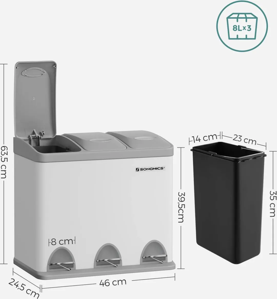 Songmics Mülltrennung Treteimer LTB24GS - 24L - 3 vakken - Rauchgrau