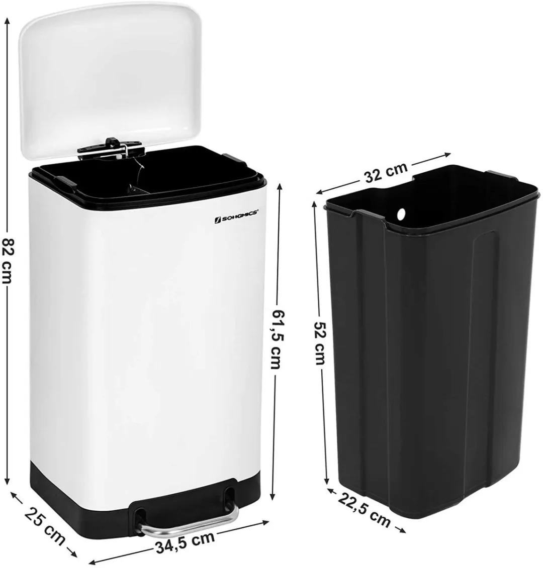 Songmics Afvalemmer 30L Wit - Zachte sluiting