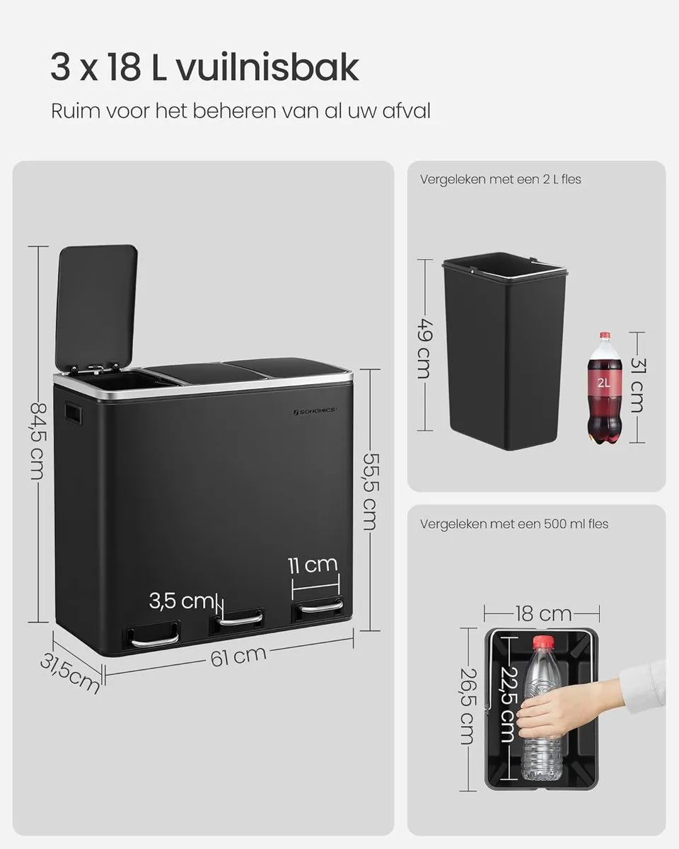Vuilnisbak - pedaalemmer - met 3 vakken - 3x18 liter - totaal 54 liter - softclose