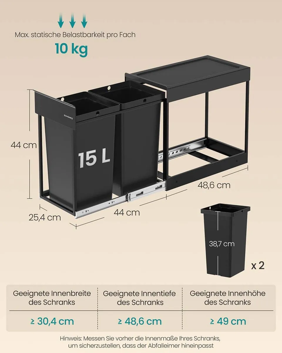 Songmics Prullenbak 30L Inktzwart - 2 Compartimenten - afbeelding 6 van 6