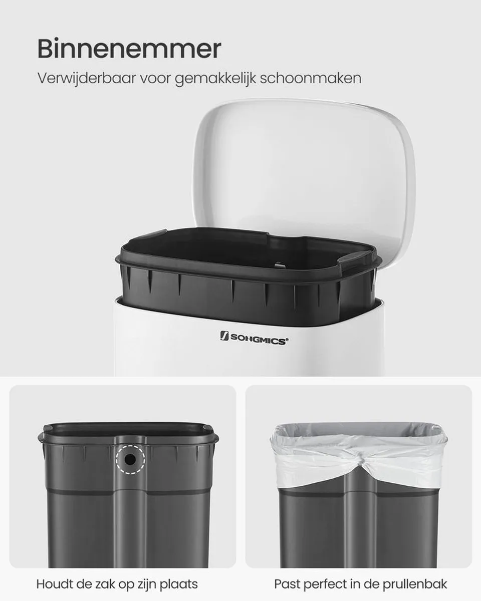 Songmics Pedaalemmer Prullenbak 30L - Softclose - Wit