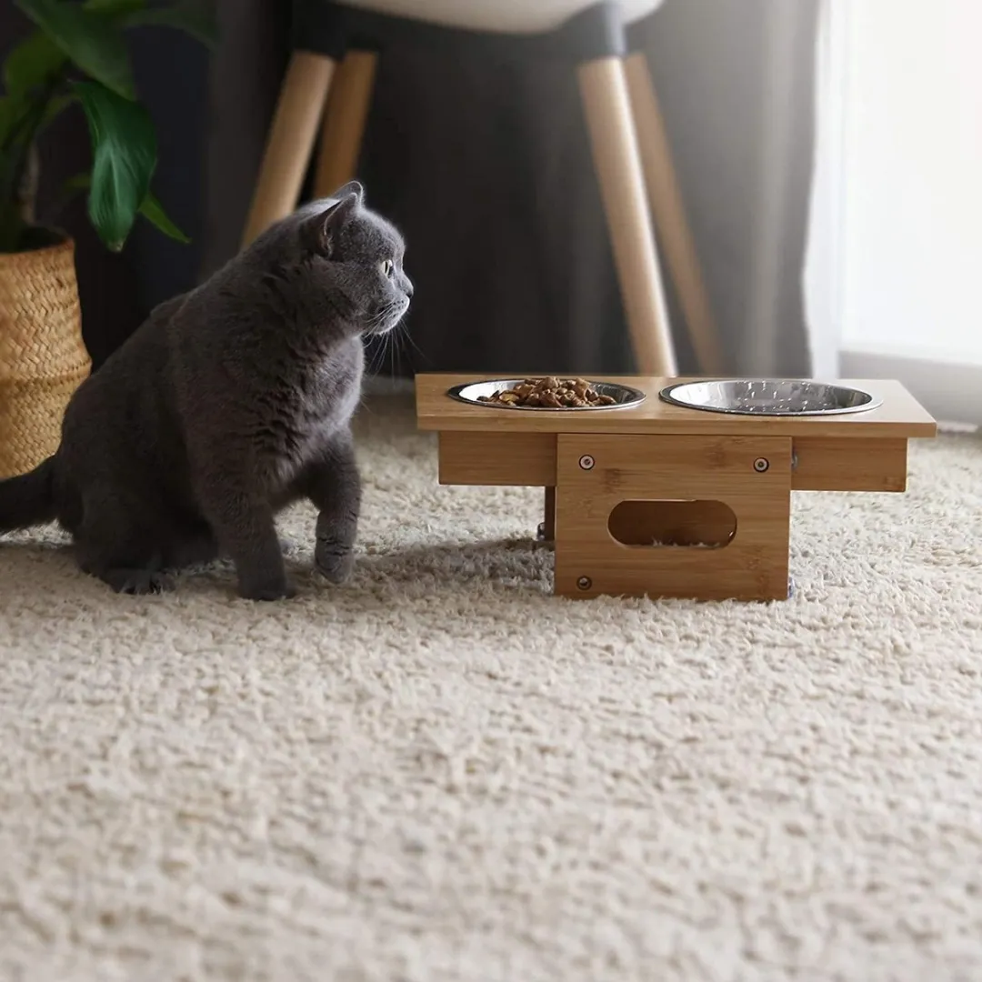 Songmics HMPRB004N01 Honden- en Kattenbak 2 Kommen - Bamboe - Verstelbaar