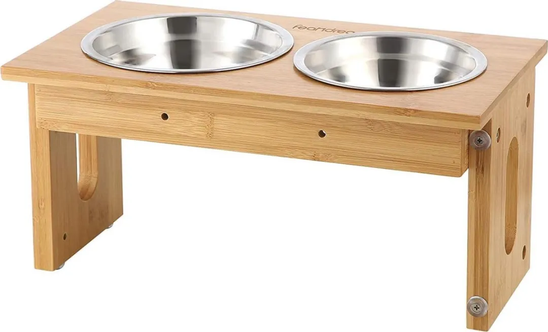 Songmics HMPRB004N01 Honden- en Kattenbak 2 Kommen - Bamboe - Verstelbaar