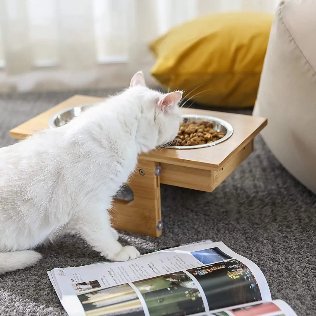 Songmics HMPRB004N01 Honden- en Kattenbak 2 Kommen - Bamboe - Verstelbaar