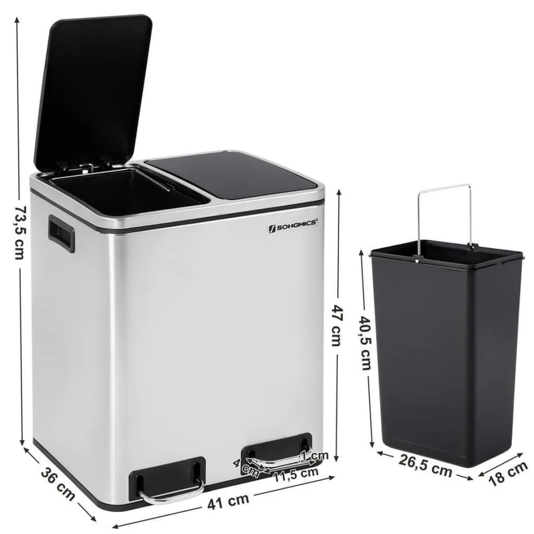 Songmics Pedaalemmer 30L Roestvrij Staal - 2x15L