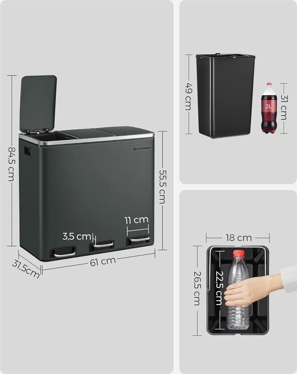 Songmics LTB54GS Keukenafvalemmer 3x18L - Pedaal - Rookgrijs