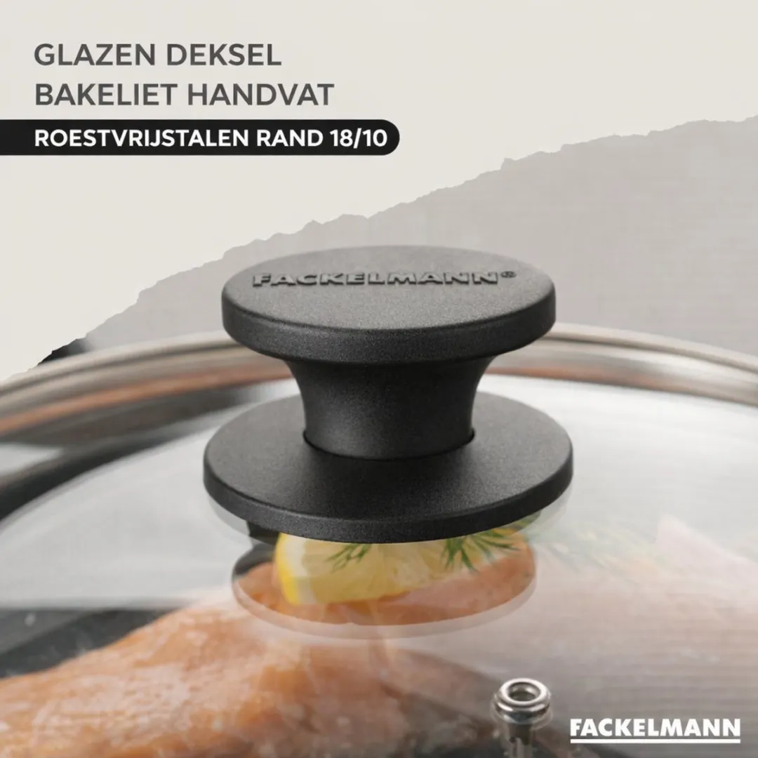 Fackelmann Geneva Set RVS Pannen 20/24cm - 2 Stuks met 5 Keukengerei & 2 Glazen Dekkels - Zwart