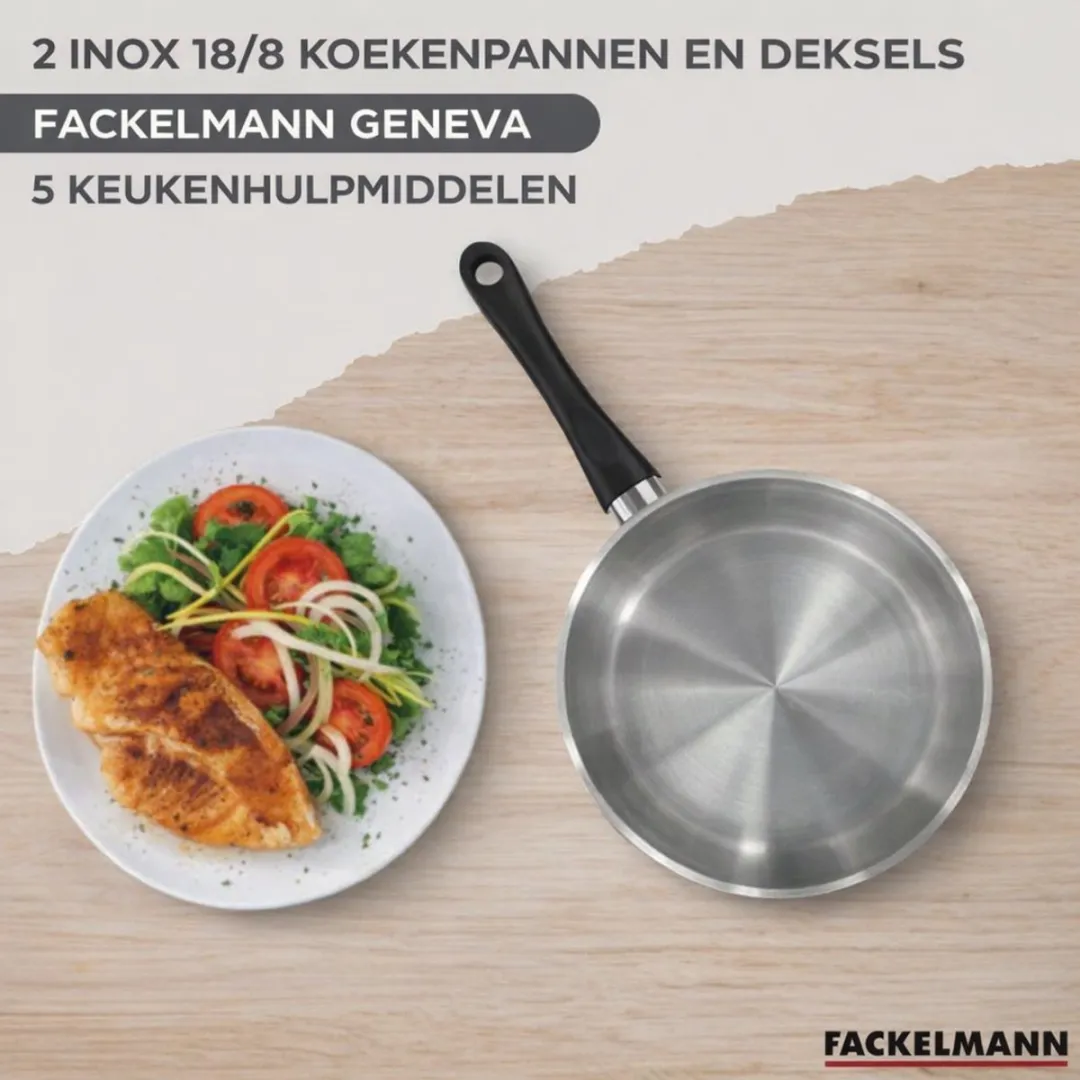 Fackelmann Geneva Set RVS Pannen 20/24cm - 2 Stuks met 5 Keukengerei & 2 Glazen Dekkels - Zwart