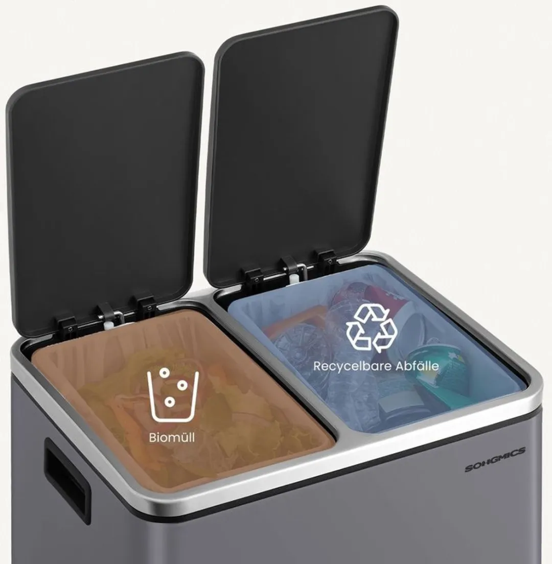 Songmics Prullenbak 30L 2-vaks - Matgrijs