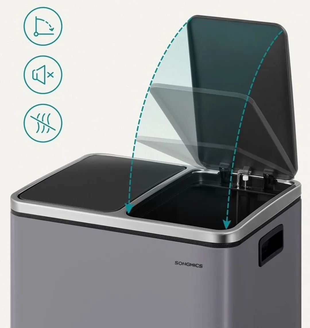 Songmics Prullenbak 30L 2-vaks - Matgrijs