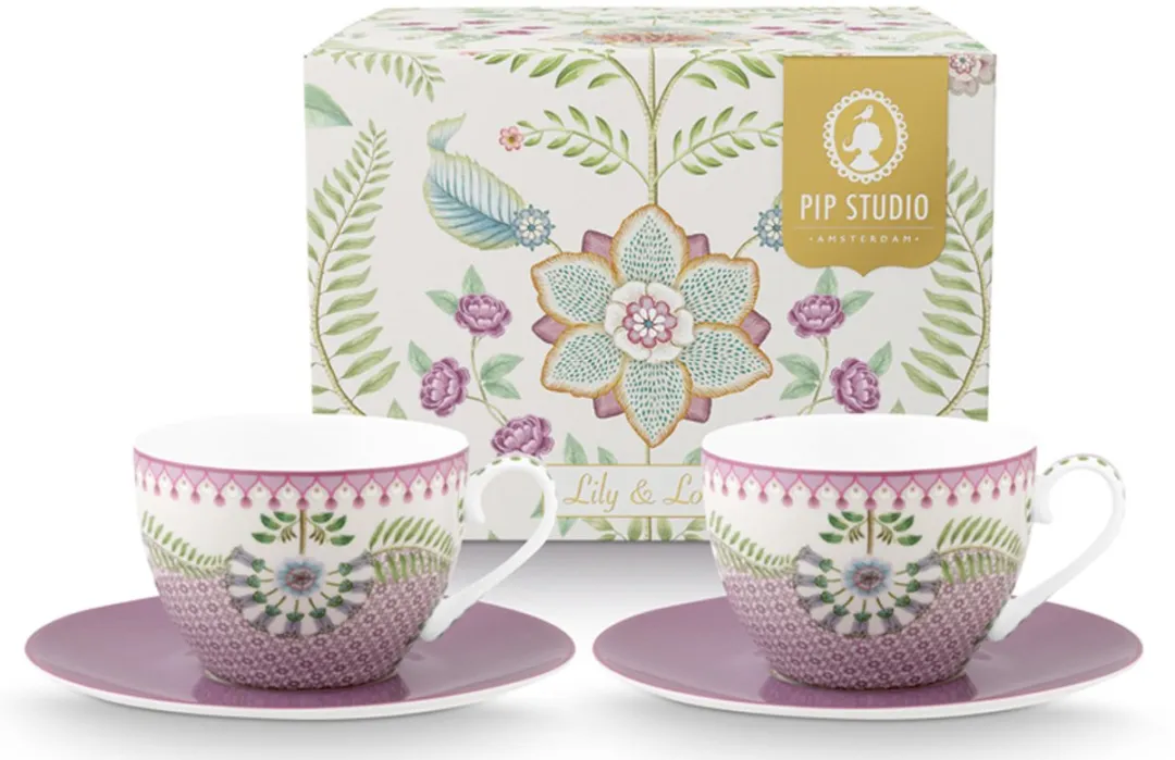 Pip Studio Lily & Lotus Kop & Schotel Set - 280ml - Lila - 2 Stuks