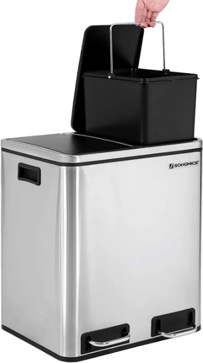 Songmics Pedaalemmer 30L - 2x15L - Zilver/Zwart