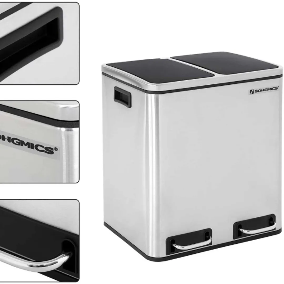 Songmics Pedaalemmer 30L - 2x15L - Zilver/Zwart