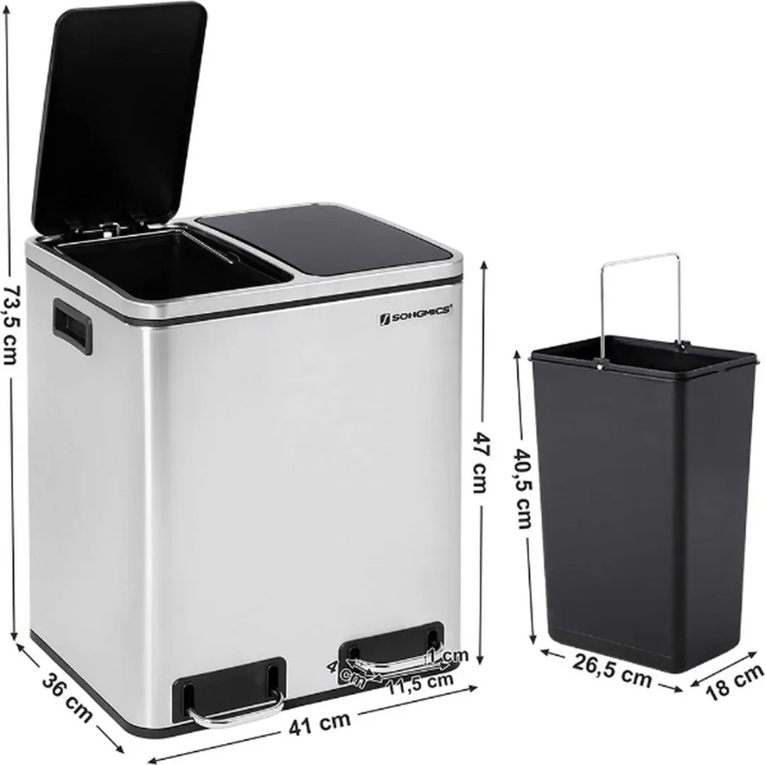 Songmics Pedaalemmer 30L - 2x15L - Zilver/Zwart
