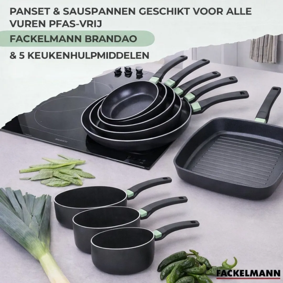 Fackelmann Brandao Set 3 RVS Pannen 20/24/28cm & 3 Kookpannen 16/18/20cm - Zwart/Groen