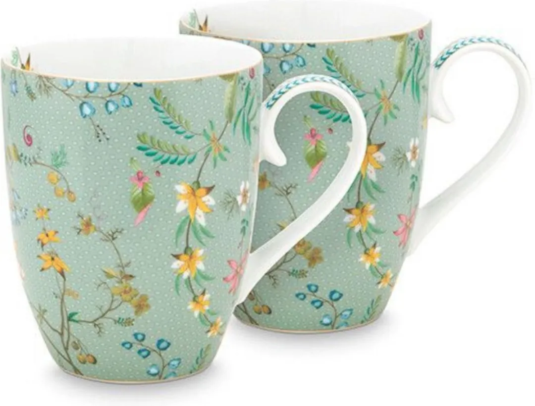 Pip Studio Jolie Flowers Mokken 350ml - 2 Stuks - Groen